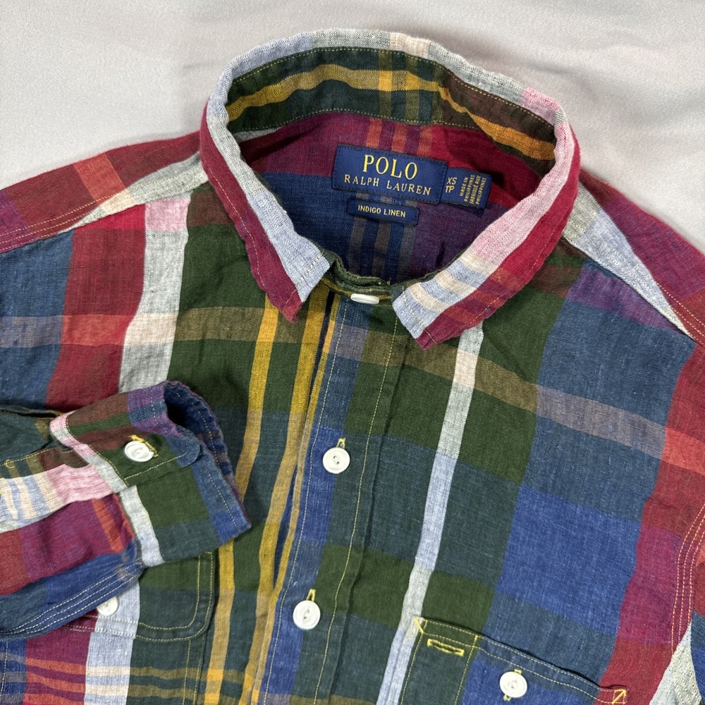 Polo Ralph Lauren Indigo Linen Mens XS Plaid Colorblock Button Up Preppy